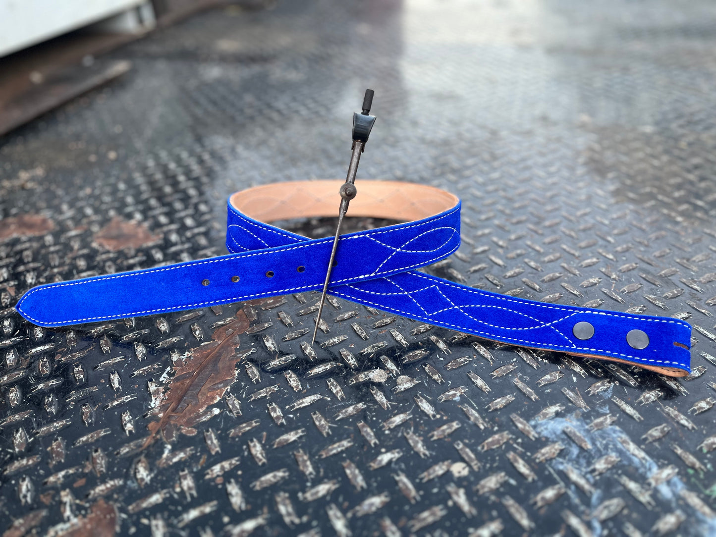 Blue suede silver stitching belt