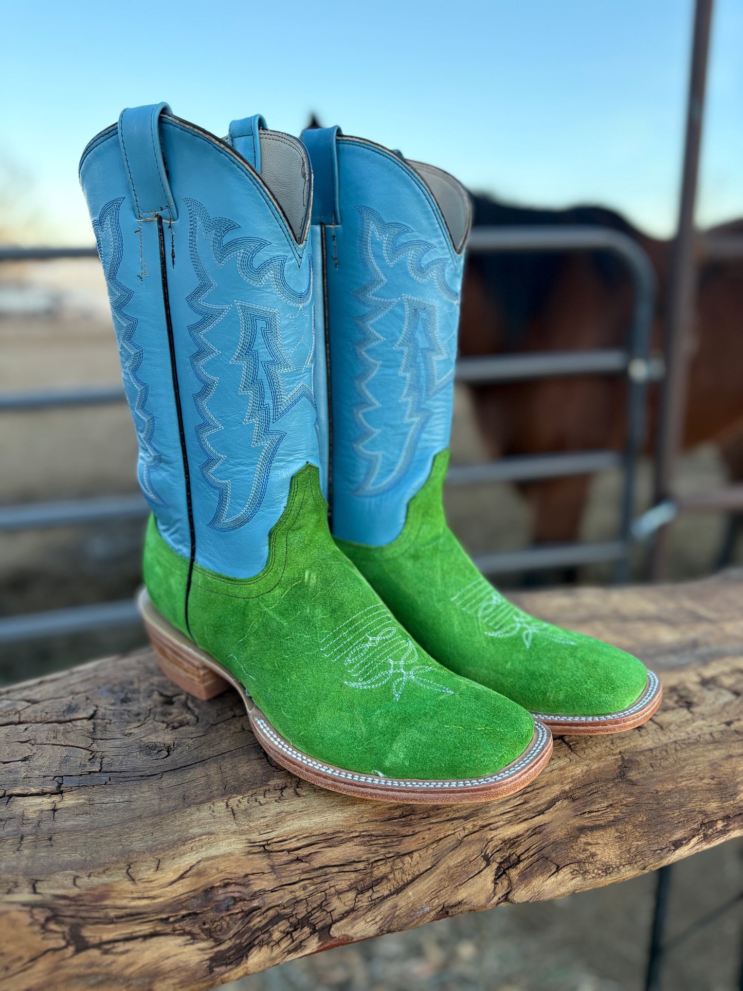 Green Rough Out Square Toe Boots